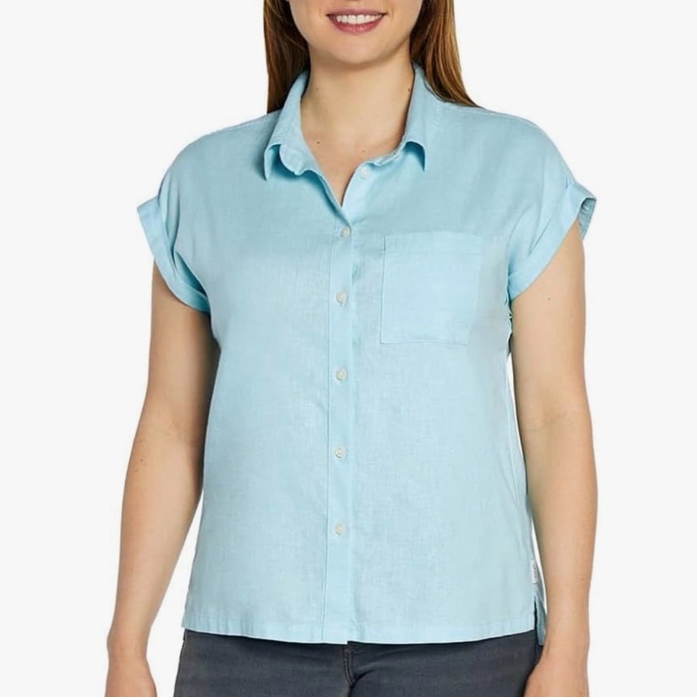Orvis Light Blue Linen Blend Short Sleeve Button Down Shirt XL‎ NWT
